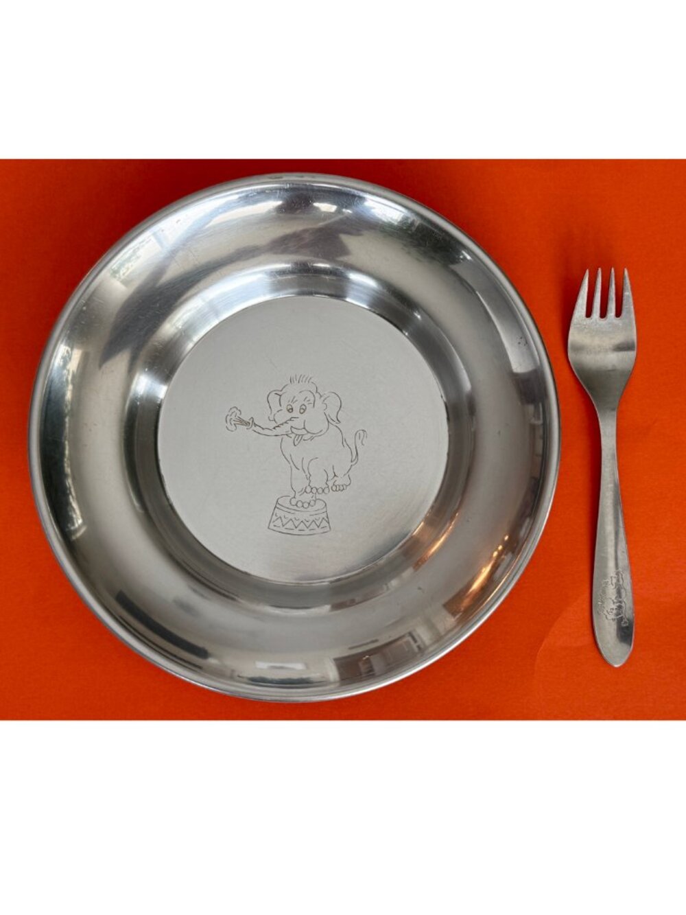 Vintage Child/Baby Plate + Fork Stainless Steel MCM Elephant Engraved Denmark